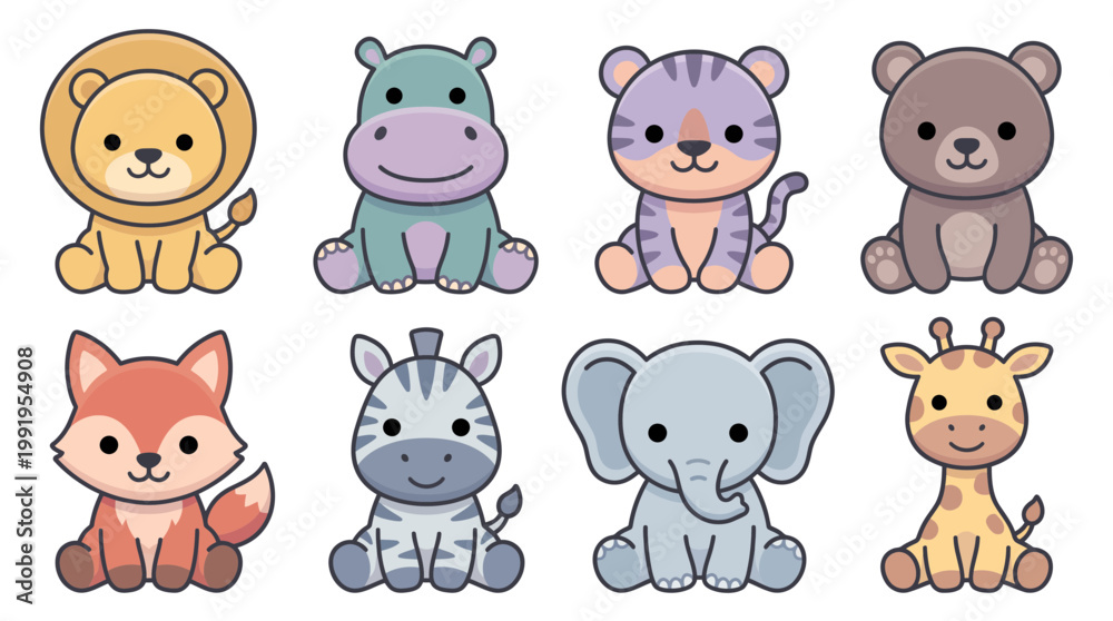 Fototapeta premium Collection of cute cartoon safari and woodland baby animals including lion hippo tiger bear fox zebra elephant and giraffe, concept for nursery decor, children education and sticker design