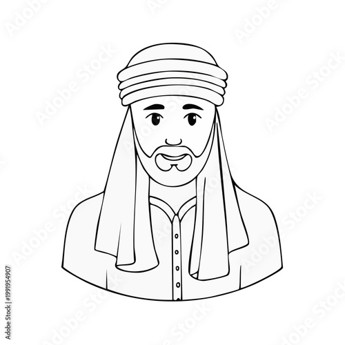 Black and white drawing of a man wearing a traditional keffiyeh headdress and thobe