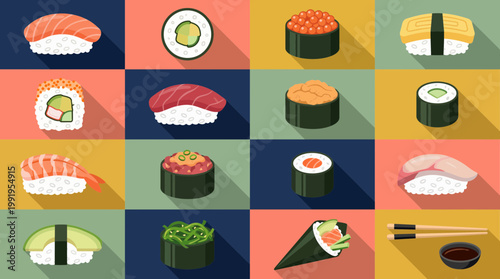 Collection of colorful flat design sushi icons including nigiri, maki rolls and gunkan with long shadows on a grid background, concept for restaurant menu design, culinary blog and app interface