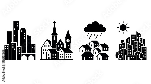 Black silhouettes of modern cityscapes, traditional villages, rainy weather and urban skylines icons, concept for urban development, real estate marketing and architectural mapping