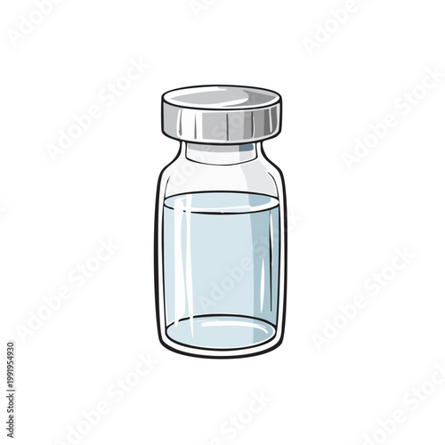 Clear liquid in a sealed glass vial with a silver cap illustration medical or scientific concept