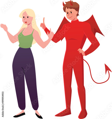 Woman decide and speak with harmful devil behind back, wrong ethical decision, evil human incitement, vector temptation