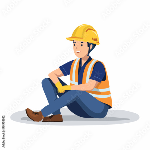 ヘルメットを被って座って休憩する男性作業員のフラットイラスト