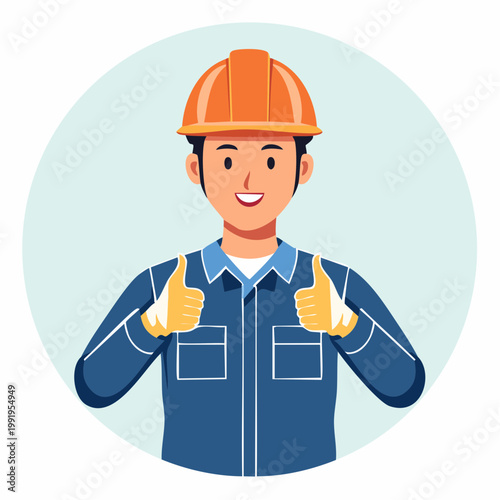 親指を立てていいねポーズをする男性作業員のフラットイラスト（アップ）