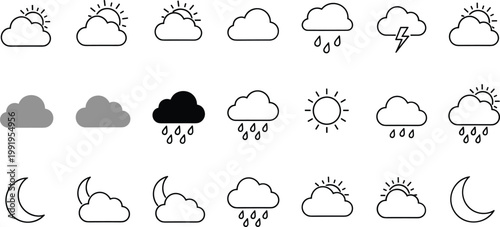 Weather Forecast Icon Set Featuring Sun Moon Clouds Rain and Lightning Symbols in Minimalist Line Art Style for Mobile Application and Meteorology Graphic Design