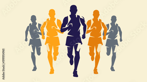 Male department managers in athletic silhouettes running a competitive marathon race on a clean background, concept for career advancement, leadership competition and team achievement