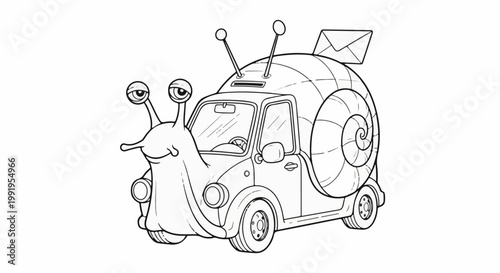 A cartoon snail with a car body, antennae, and mail