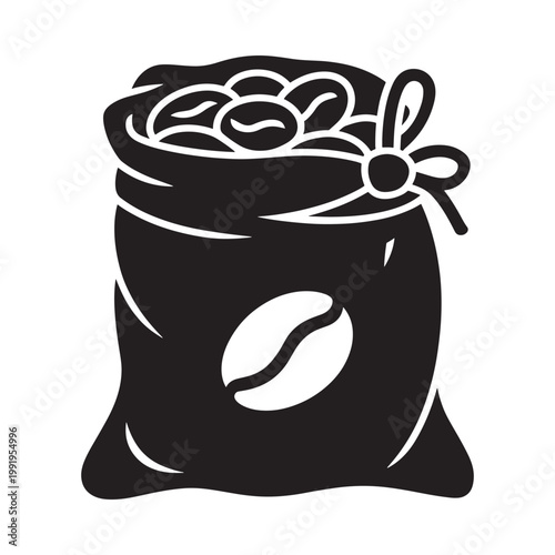 Black and white illustration of a bag filled with coffee beans