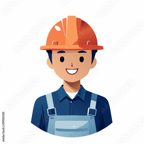 ヘルメットを被って笑顔の男性作業員のフラットイラスト（アップ）
