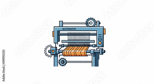A blue and orange automatic loom with gears and threads creating fabric