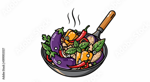 A cartoon wok filled with colorful vegetables and herbs, steaming gently