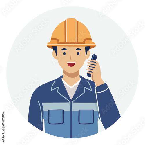 無線機やスマホで連絡をとる男性作業員のフラットイラスト