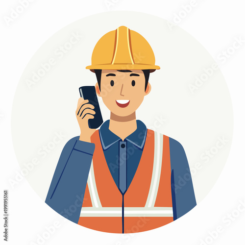 無線機やスマホで連絡をとる男性作業員のフラットイラスト