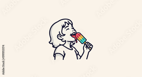 A child joyfully eats a melting rainbow popsicle, with a dripping effect