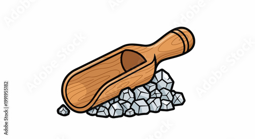A cartoon wooden scoop rests on a pile of crystalline, light gray mineral chunks