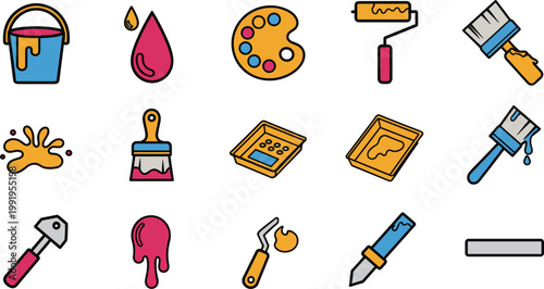 Painting Tools Artist Supplies Icon Set Brush Roller Palette Paint