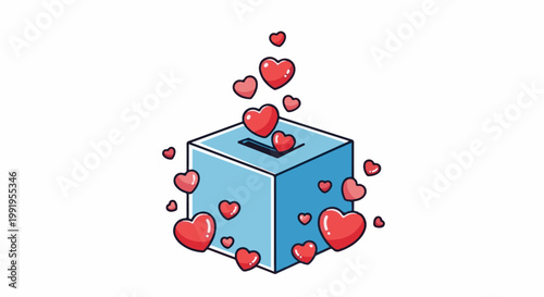 A blue donation box overflows with bright red hearts, symbolizing generosity and love