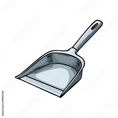 Simple illustration of a gray dustpan with a long handle facing towards the left
