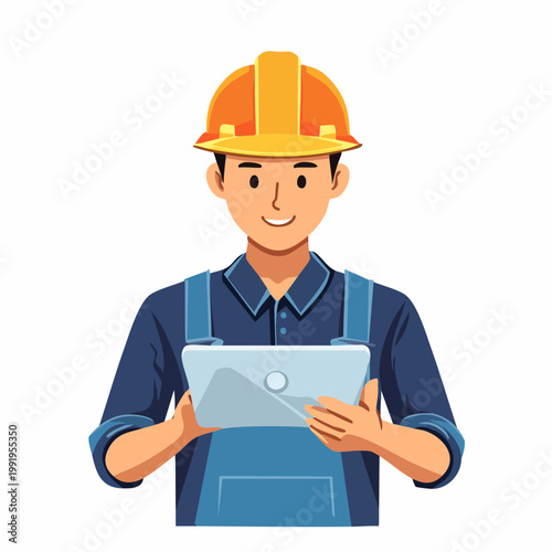 タブレットを操作する男性作業員のフラットイラスト（アップ・現場DX）