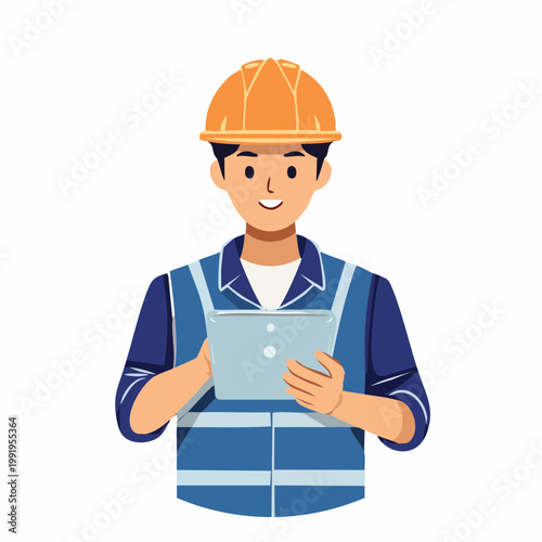 タブレットを操作する男性作業員のフラットイラスト（アップ・現場DX）