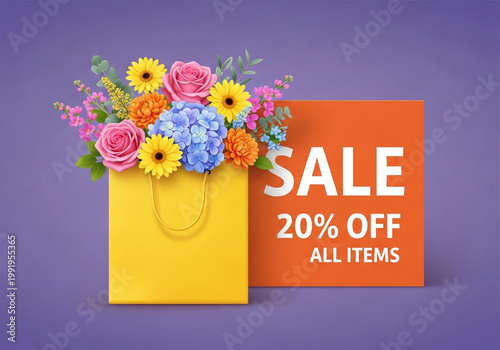 Vibrant shopping bag with colorful flowers and sale sign on purple background