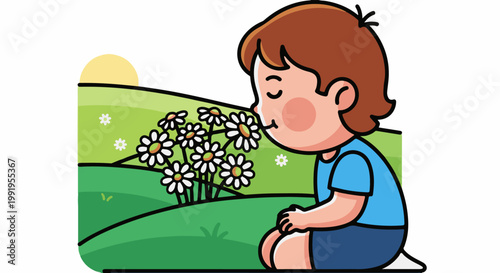 A child kneels in a green field, enjoying the scent of a bunch of daisies under a bright sun