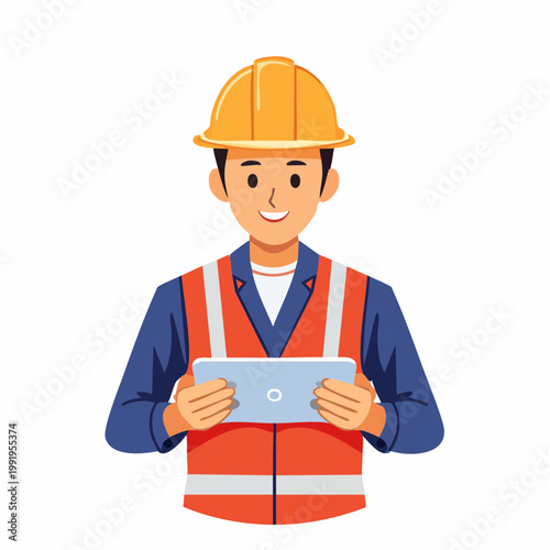 タブレットを操作する男性作業員のフラットイラスト（アップ・現場DX）