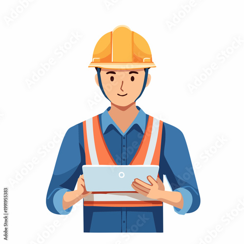 タブレットを操作する男性作業員のフラットイラスト（アップ・現場DX）
