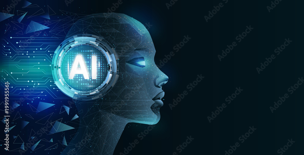 Obraz premium Futuristic AI head with glowing elements symbolizes advanced technology and artificial intelligence integration in daily life, reflecting innovation and creativity.