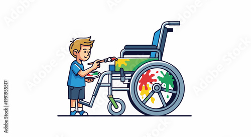 A child paints a wheelchair with colorful splatters and a green seat