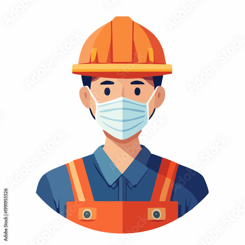 マスクを着用した男性作業員のフラットイラスト