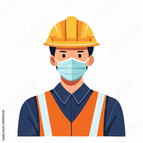 マスクを着用した男性作業員のフラットイラスト