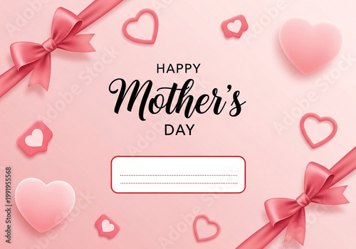 Happy mothers day greeting card with pink hearts and ribbons on pink background