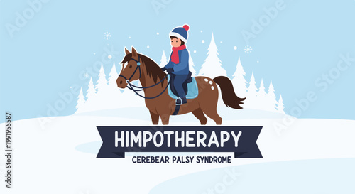 A child rides a horse through a snowy forest, promoting therapy