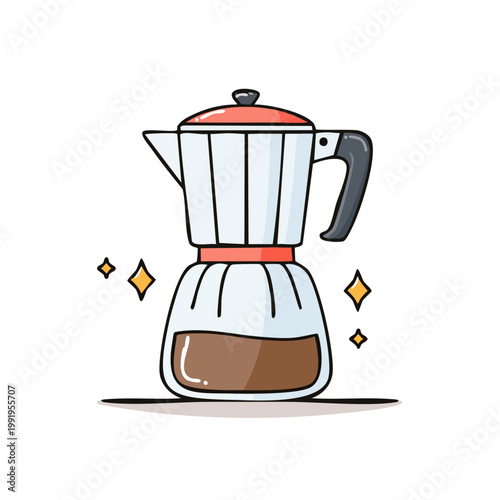 Classic Italian Moka Pot brewing rich coffee with sparkling highlights on a white background