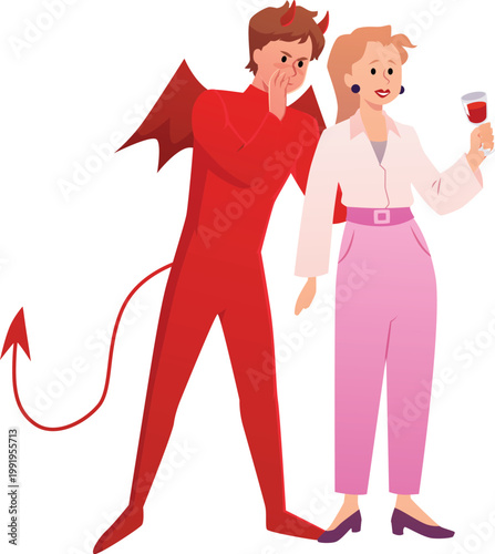 Beautiful young woman with a glass of wine, behind her, the devil incites alcoholism, alcohol temptation flat vector