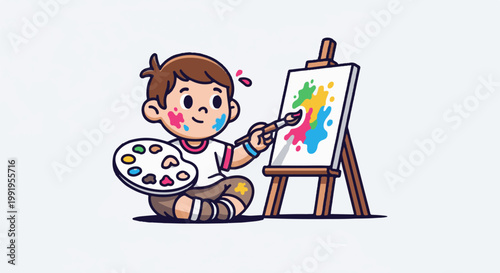 A child with paint splatters on face, sitting and painting on easel with palette