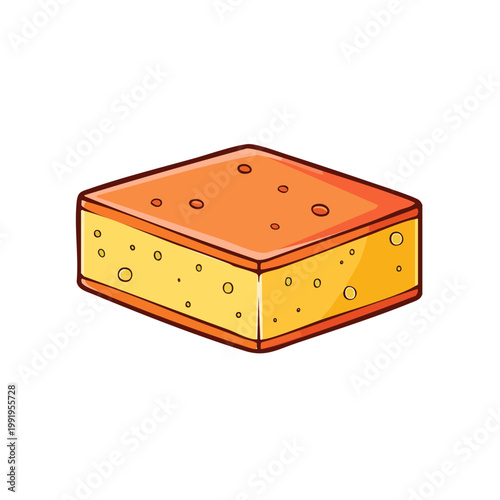 Hand Drawn Illustration of a Delicious Square Sponge Cake with Orange Frosting