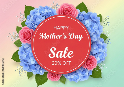 Happy mothers day sale advertisement with flowers on colorful background