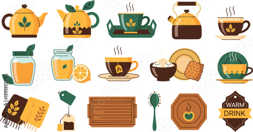 Tea Drink Cozy Beverage Icon Set Teapot Cup Herbal Warm Collection