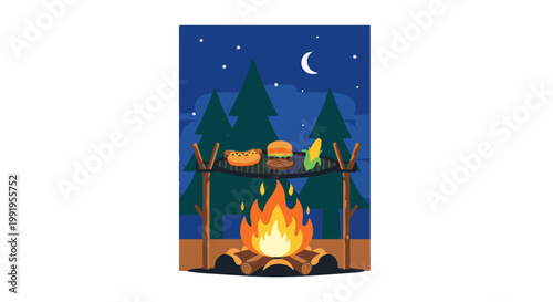 A campfire in the woods at night, cooking hot dogs and a burger on a grill, with stars and a moon above