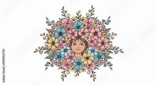 A child's portrait framed by a vibrant, circular arrangement of colorful flowers, artfully rendered in a sketch style