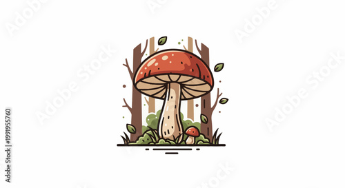 A cartoonish red mushroom with white spots grows in a forest