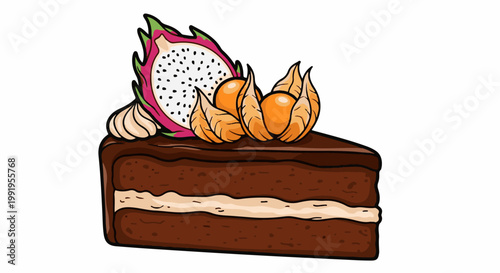A chocolate cake slice decorated with tropical fruits, cream, and a slice of dragon fruit