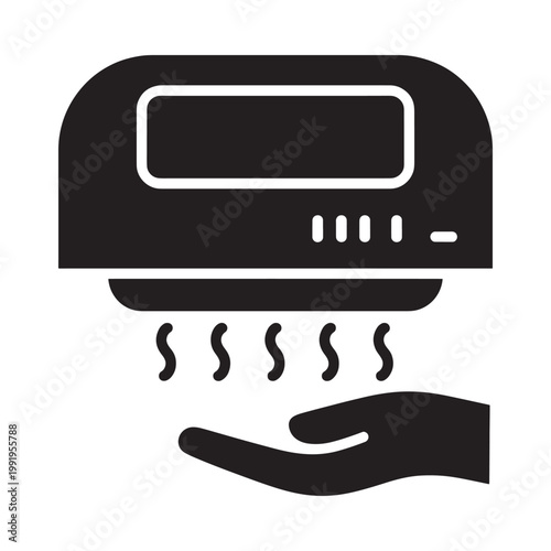 A simple black and white icon depicting a hand dryer with blowing air