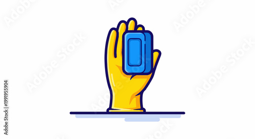 A bright yellow glove holds a blue bar of soap