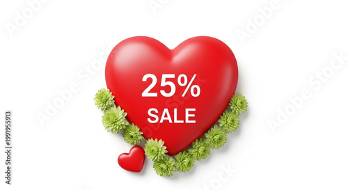 Red heart with 25 percent sale text and green floral wreath isolated on white background