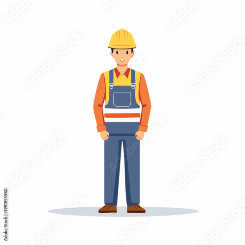 作業着姿で立つ男性工場作業員のフラットイラスト