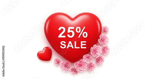Red heart with 25 percent sale sign and pink roses on white background