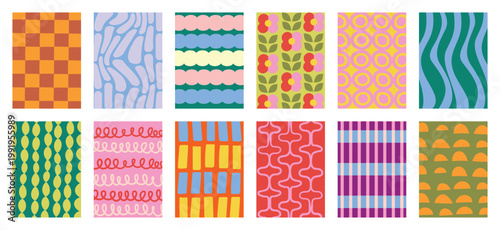 Fabric pattern collection vector set with bold stripes, polka dots, checks, plaids, vintage florals and geometric shapes. Colorful retro design for wall art, textiles, apparel and packaging.